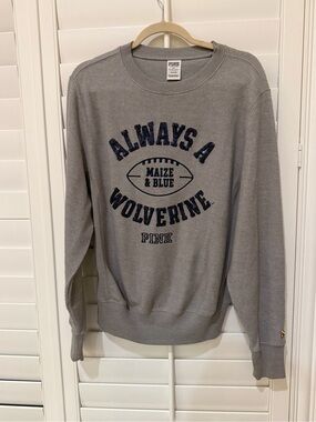 PINK Victoria's Secret Gray Crewneck with Navy 'Always A Wolverine' Graphic